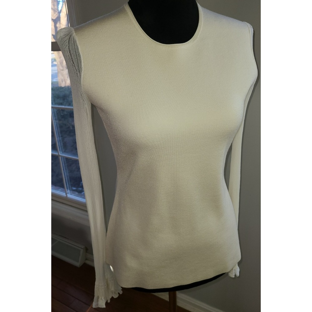 Theory Tunic Sweater Cream Long Shear Ruffle Cuff Sleeve Knit Pullover Size S - Picture 3 of 9